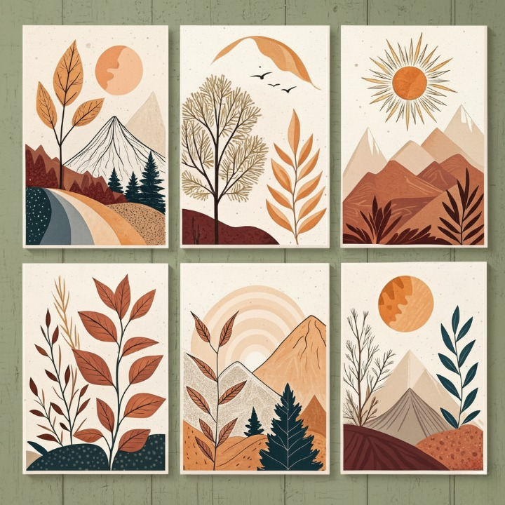 Hills Moon Sun Leaves Wooden Wall Art