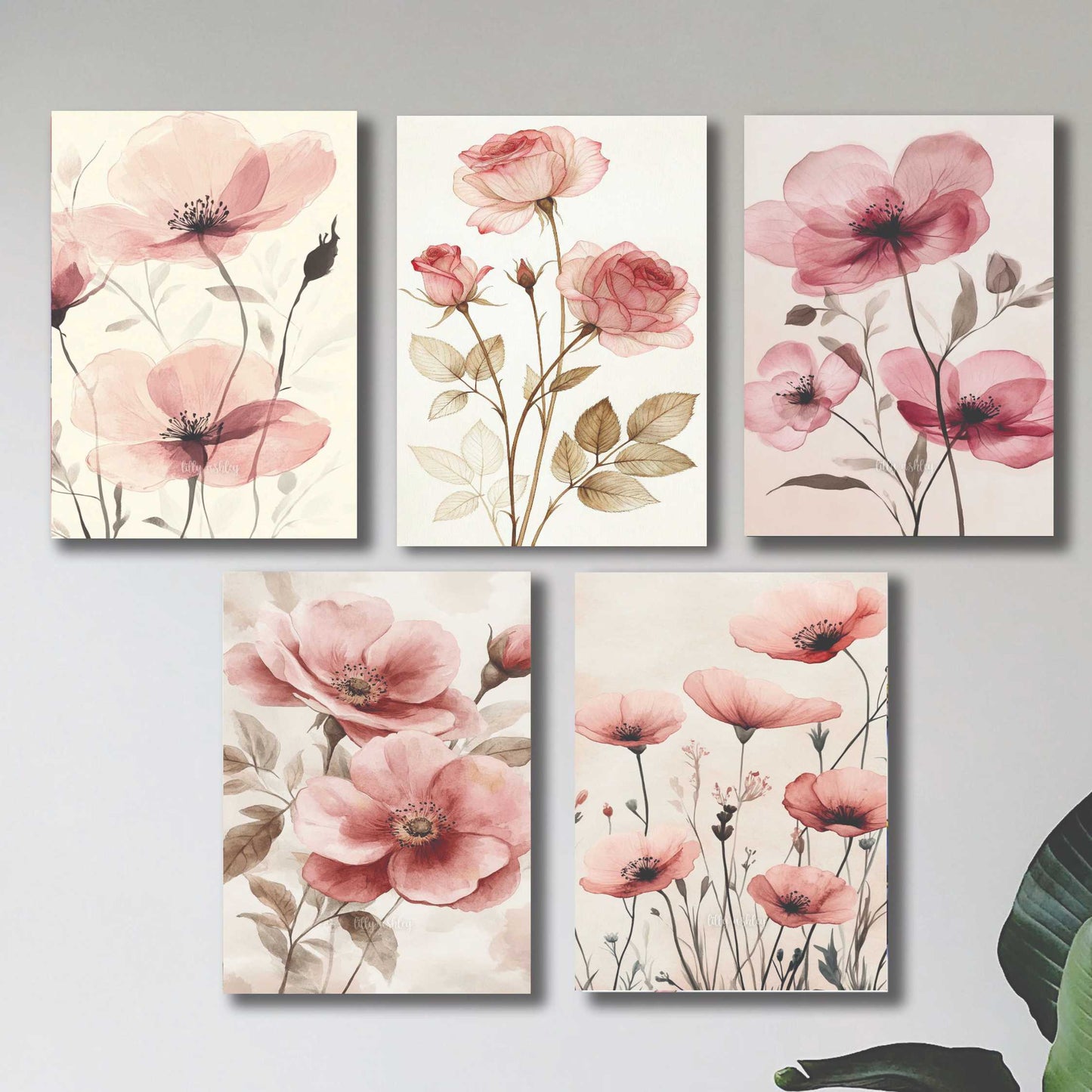 set of 5 pink flowers floral wall art