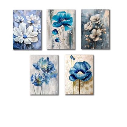 Set of 5 Blue Flowers Wall Art Wooden