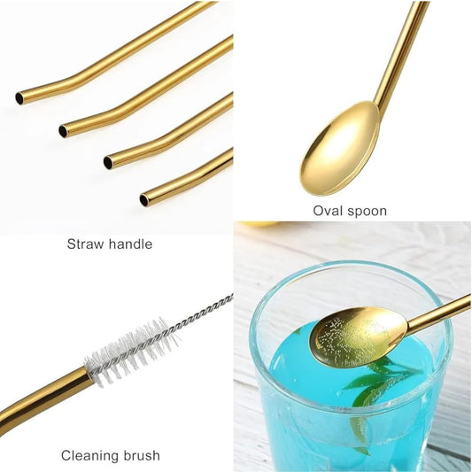 6-Piece Reusable Stainless Steel Straw Spoons with Cleaning