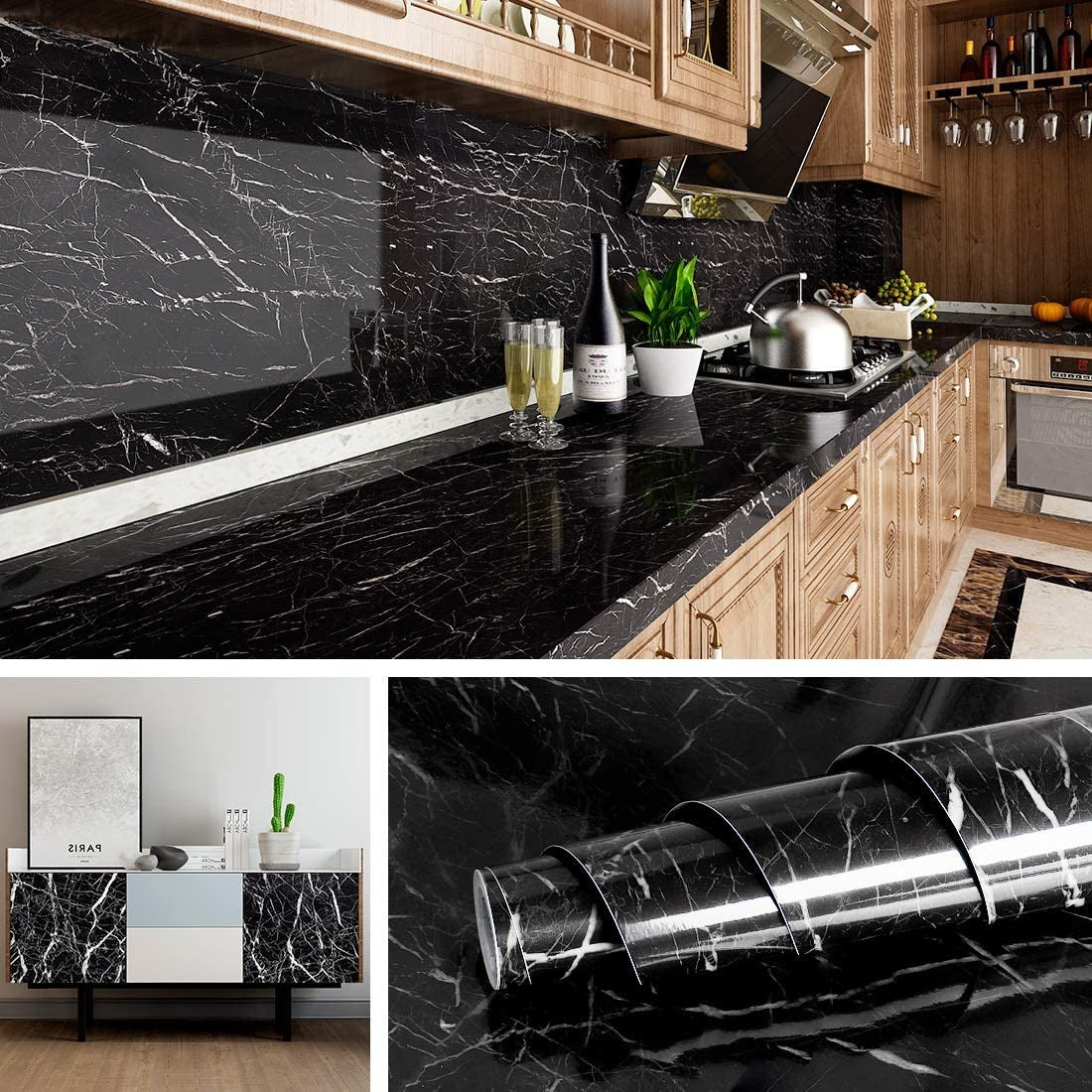 Self Adhesive Black Marble Sheet For Kitchen
